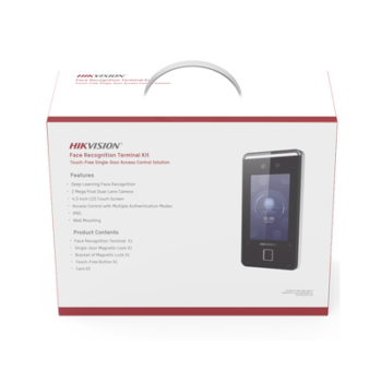 Kit de Control de Acceso TODO INCLUIDO con Lector de Rostros, QRs , Tarjetas y Huellas / 3,000 Rostros / Compatible con App Hik-Connect / Videoportero / Incluye Electroimán Botón de Salida y Montajes Z y L para imán