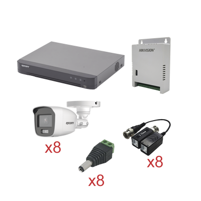 KIT KEVTX8T8BG/A TurboHD con Audio 1080p / DVR 8 Canales / 8 Cámaras Bala (exterior 2.8 mm) / Transceptores / Conectores / Fuente de Poder / AUDIO POR COAXITRON