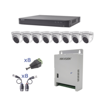 KIT KEVTX8T8EW TurboHD 1080p / DVR 8 Canales / 8 Cámaras Eyeball (exterior 2.8 mm) / Transceptores / Conectores / Fuente de Poder Profesional hasta 15 Vcc para Larga Distancia